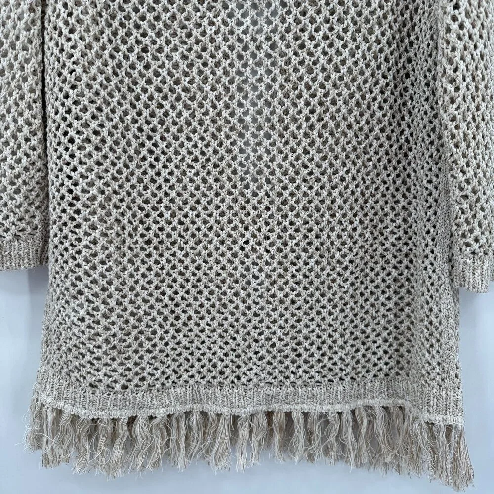J Jill Open Crochet Knit Hooded Fringe Beige Cardigan Boho Hippie L - Picture 7 of 10